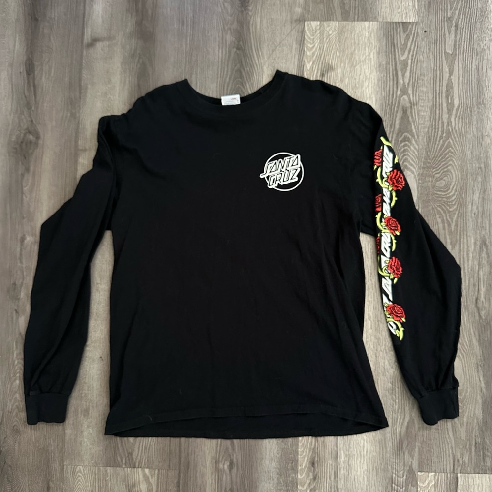 Santa Cruz Skateboards Black and Red Long Sleeve Tee Rose Flower theme size L